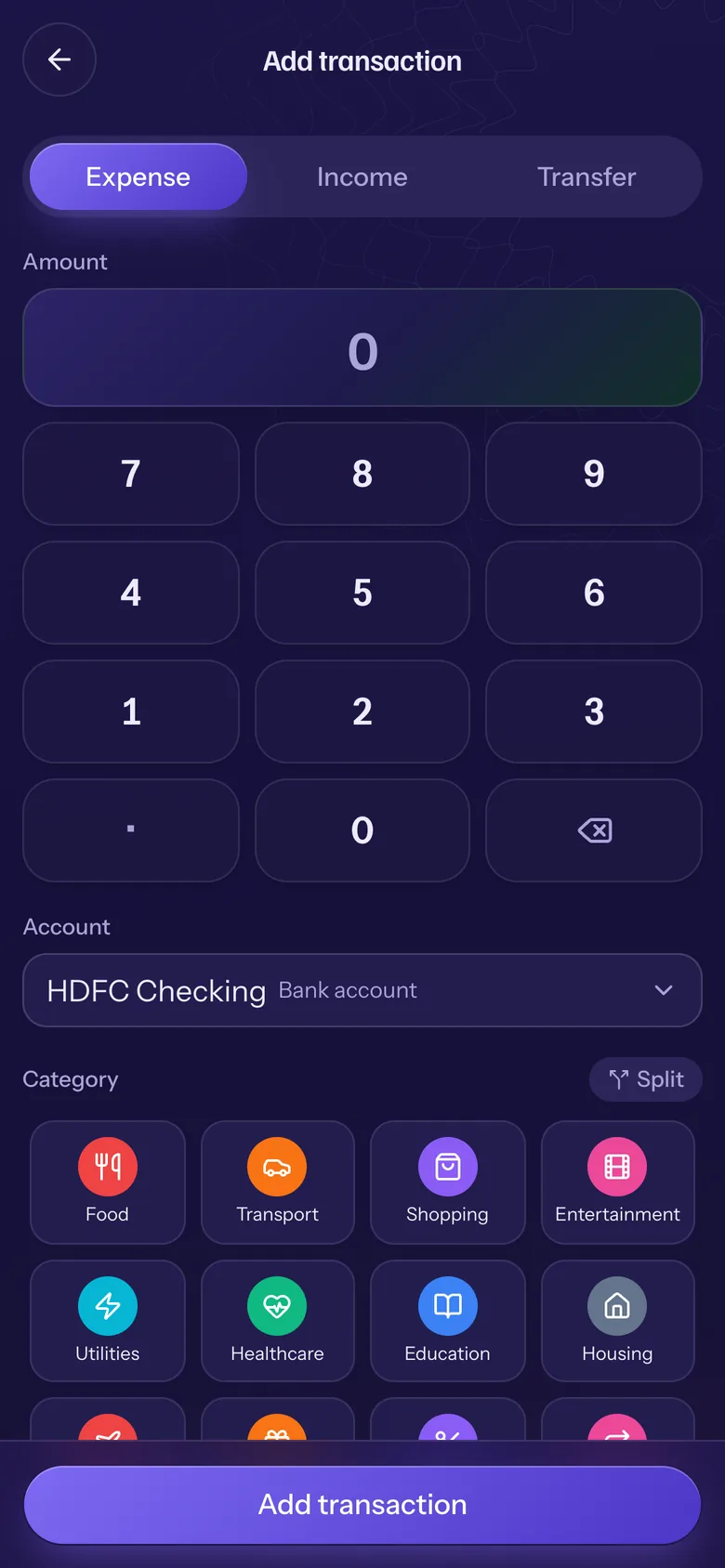 Adding an expense on the number pad