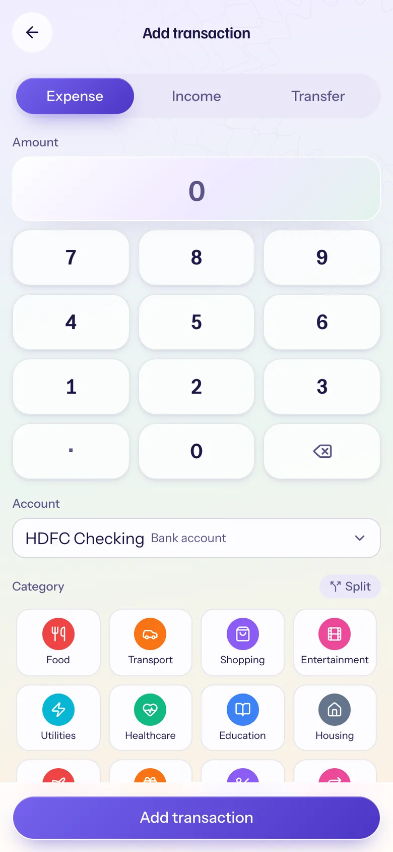 Adding an expense on the number pad