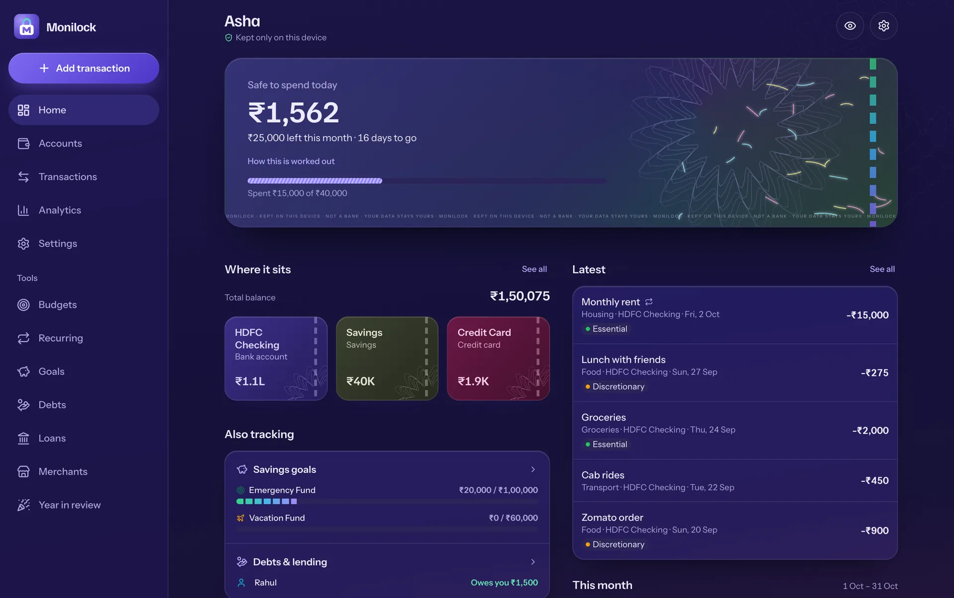 The Finio dashboard on desktop