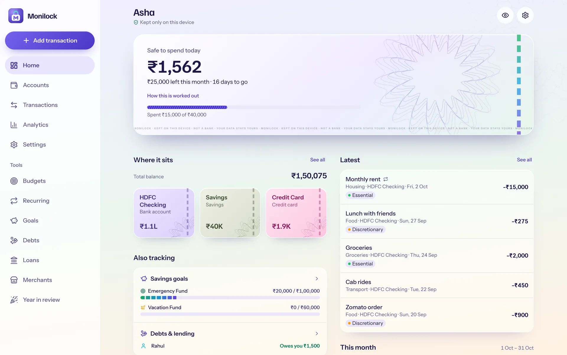 The Finio dashboard on desktop